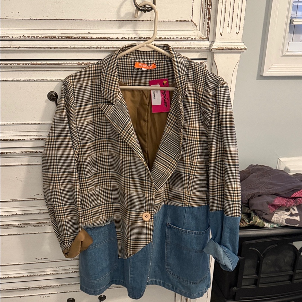 Tangerine Plaid and Denim Blazer